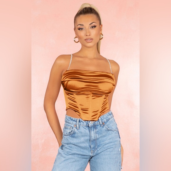 RUST ORANGE SATIN SLEEVELESS RHINESTONE SPAGHETTI STRAP DRAPE CROP TOP BLOUSE - Picture 4 of 7